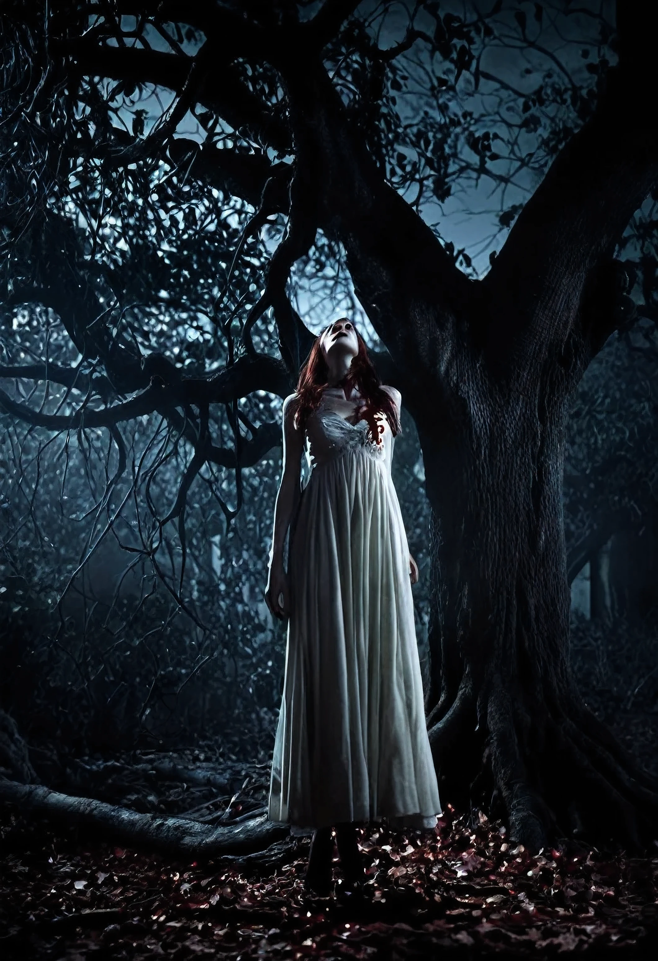 A hauntingly beautiful photo of an urban ghost, capturing the essence of a flying head of a woman with blood-drenched back bone with heart, lungs, and intestines hanging from her neck. She hovers eerily over a tree in the dead of night, casting a chilling shadow on the ground. The dark, moody atmosphere is accentuated by the moonlit sky, and the branches of the tree seem to twist and contort as if they are reaching out for her. The image exudes a gothic, supernatural vibe that is both captivating and unsettling.
