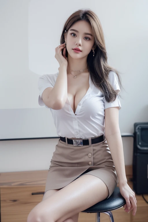 (((Medium hair))), Best quality, 8K, HDR, High resolution, full body photo Close-up photo of the shin, Blurry background, Bokeh:1.2, Photography, (RAW photo:1.2), (Realistic: 1.4), (masterpiece:1.3), (complicated details:1.2), 1 girl, single, delicate, beautiful, (detailed eyes), (detailed face), hair in one eye, purple eyes,Golden blonde hair, bob, side bangs, sitting, sharp eyeliner, blush eyeshadow with thick eyelashes, very delicate and beautiful. , round chin, 100 cm round earrings, sharp eyes, letter choker, diamond necklace, (symmetrical eyes)(perfectly symmetrical body) photo of a beautiful 20 year old girl, beautiful and charming with contemporary fashion drawings as well....., look at the person view,flat stomach, (((Perfect breasts))), tight, (looking_at_viewer), from_front, (thin), (best quality: 1.4), (ultra high resolution: 1.2), movie studio lighting, (illustration at Very detailed), (lip gloss, best quality, ultra high resolution, depth of field, caustic, wide exposure, natural shading, 85mm f/1.4, ISO 200, 1/ 160s:0.75), belt 3.5 cm, sitting on a study table. Raise one left leg on tiptoe. Allow your right leg to open freely at eye level,wearing engineering boots. Dynamic pose, smile, ((mahalaiuniform,white shirt short sleeves Unbutton the top 2 buttons, covered with a Dark blue short sleeved lab coat)), black pencil skirt,Open your chest, show your chest,