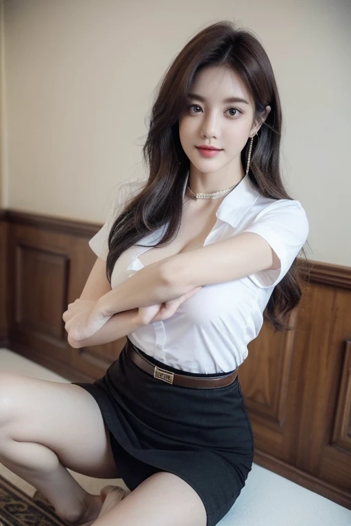 (8k,high resolution,Masterpiece, best quality, alone, complicated details, Chromatic aberration), realistic, ((medium breasts)), hair in one eye,purple eyes, big round hoop earrings, sharp eyes, Diamond choker, red gemstone necklace,(symmetrical eyes),(Perfect symmetrical body), (Photo of a beautiful 21 year old teenage girl), Beautiful and charming with contemporary fashion paintings as well, looking at the audience, ((Behind the scenes of a large classroom)), (black short skirt), (((Wear a blue shirt over a ((short-sleeved white shirt), (Open the shirt and show off your breasts), No bra.)), (open breasts),)), ((A short black pencil skirt with a deep slit on the side)), (Long square leather belt buckle), ((Put your hands down.)), (Bob, Side flatness, gold hair, (A thin layer of hair covers the face)), sharp eyeliner, Eye shadow blush with thick eyelashes, Very delicate and beautiful, round chin, Sharp focus, elegant, (Open your legs fully on the study table), (Turn your head with your legs open), (Open your legs and lift your right leg over your left leg), (releasing it naturally), Poses seductively. 