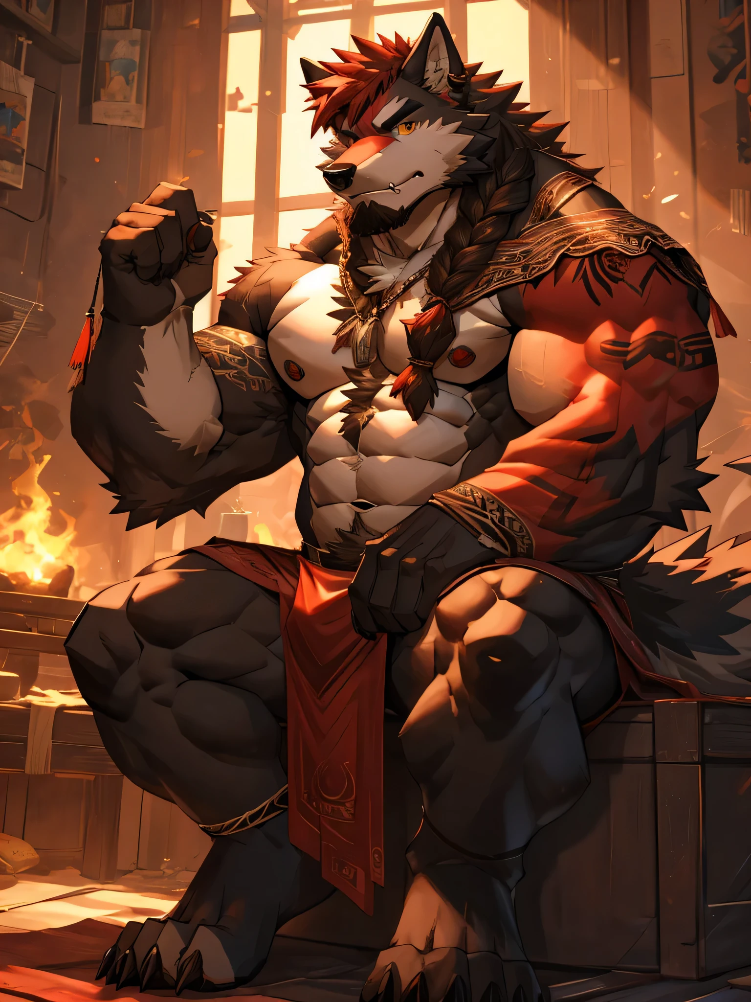 score_7,score_6_up,score_5_up,score_4_up,score_5_up,score_4_up,
by drks,wolf,loincloth,kemono,male,Tribal dressout,sitting,toe claws,solo,anthro,mammal,male,hair,red fur,red body,canid,fur,canine,piercing,fangs,ear piercing,golden eyes,dark brown red hair,hi res,tattoo,facial hair,looking at viewer,beard,braided hair,