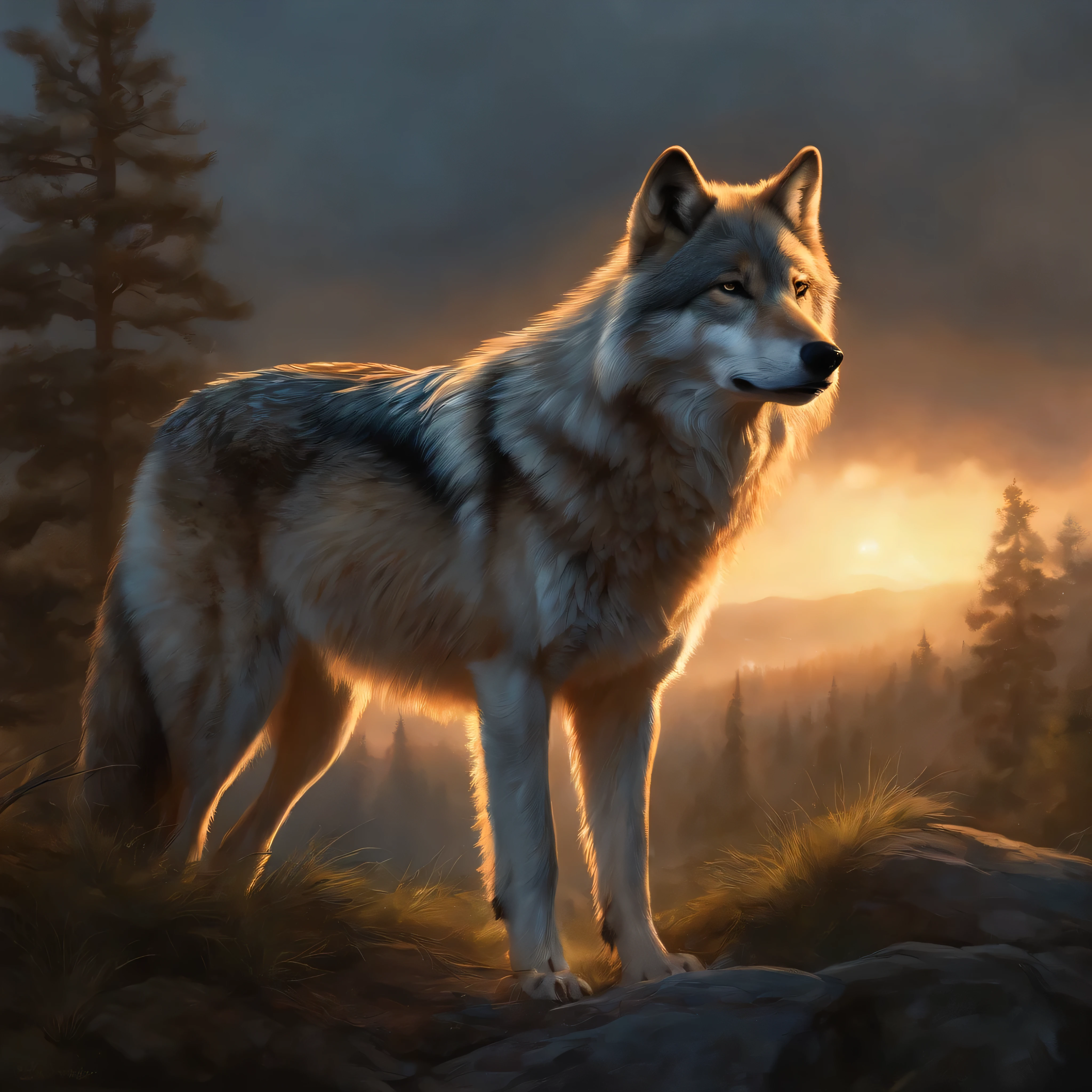 masutepiece, Best quality, ((Beautiful and delicate wolf)) (Very detailed CG unity 8K wallpaper), Professional majestic oil painting,author:Ed Brinkie, Attia Giron, by Ghibli Studio, Jeremy Mann, Greg Manchesa, Antonio Moro, Popular on artstation, Trending Mid Journey和Greg Rutkowski CG Society, twists, high detal, Clear focus, Dramatic, Realistic painting