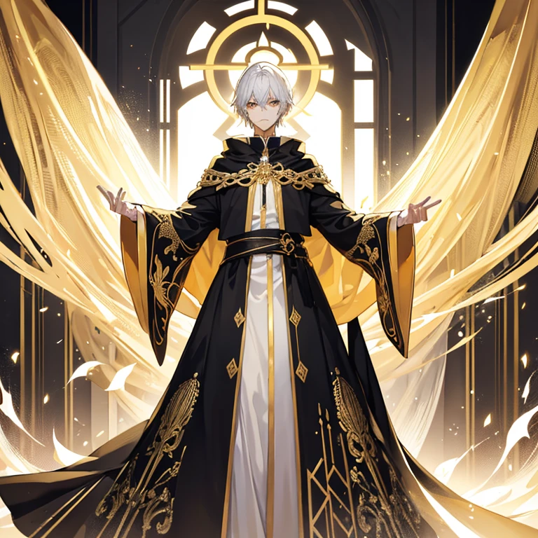 Tall handsome young man, slim build, pale complexion, golden eyes, short white hair, serious expression, dressed in black robes with gold and white details surrounded by gold holographic screens.