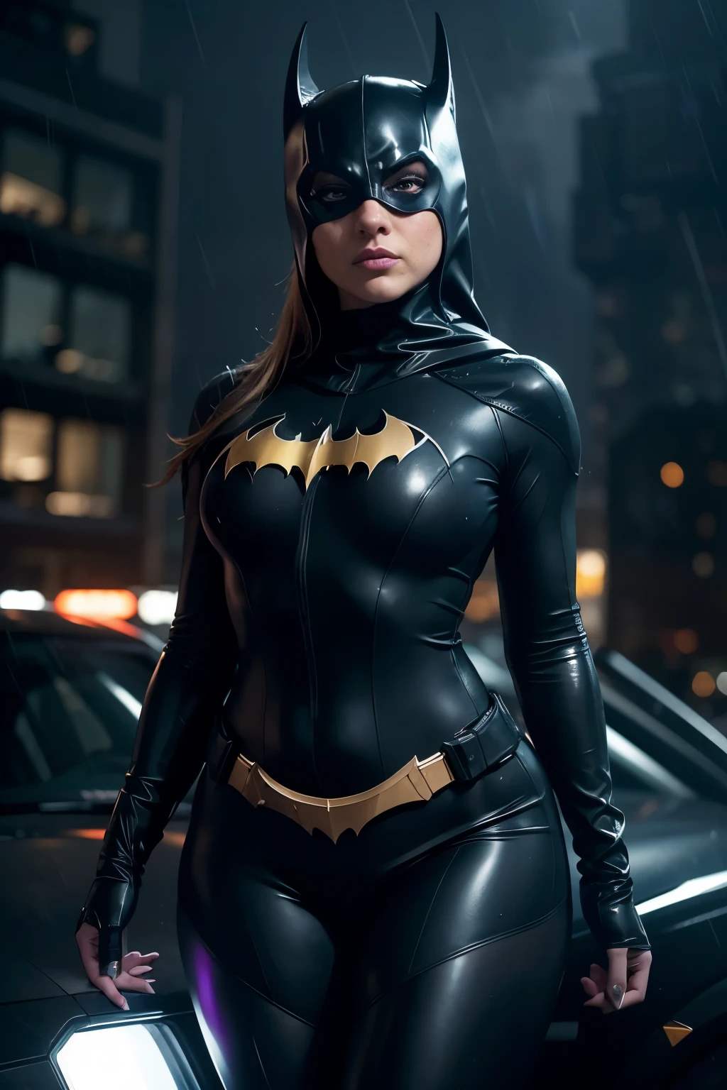 Batgirl, 25-year-old, athletic figure, soaked in the rain, fit black costume, sleek and detailed armor, stealthily standing next to the sleek, futuristic Batmobile during a stormy Gotham City night, caught in an amazing 8K, HD, high-quality shot. The wet fabric clings to her body, highlighting her curvaceous form. The glossy surface of the Batmobile reflects the city lights and the falling rain, creating intricate patterns on Batgirl's armor. Her hood conceals her identity, but her determined expression and sharp gaze reveal her true identity. The surrounding environment is dark and gloomy, enchanting a sense