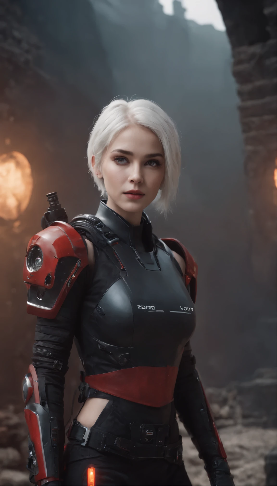 This is a super detailed CG Unity 8k wallpaper, Cyberpunk style high resolution and top quality, Mainly black and red. In the picture, A beautiful girl with short white messy hair, delicate face, Wearing a steam mech mask, standing on the ruins, Behind her is a huge, social realism, Surrealism, spark, movie lighting, lens flare, Ultra wide angle