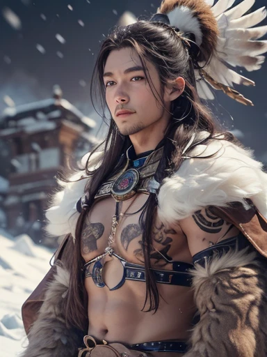 Hiding in the snowy mountains、Hair flow、 ((highest quality、masterpiece、8k、Best image quality、Ultra-high resolution、Award-winning works)、(Accurate anatomy:1.1)、(Look at me and smile:1.1)、Shining fair skin with Ultra-high resolution、The most detailed face、Ultra-high resolution detailed face、Ultra-high resolutionの髪の毛、(Ultra-high resolutionの煌めく瞳:1.1)、Beautiful face drawn in every detail、(Blurred Background:1.1)、Ancient Inuit clothing, Chest to chest, tattoo, Old ruins in the background、He's huge, A real hawk on your shoulder..
