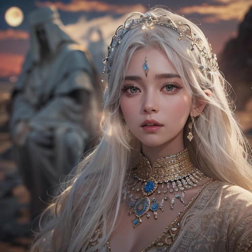 (highest quality、masterpiece、8k、Best image quality、Ultra-high resolution、Award-winning works)、A beautiful white-haired woman watches over us from afar in the desert., Where the moonlight shines.、Ancient Islamic clothing、Beautiful face drawn in every detail, There'There's a real wolf next to her