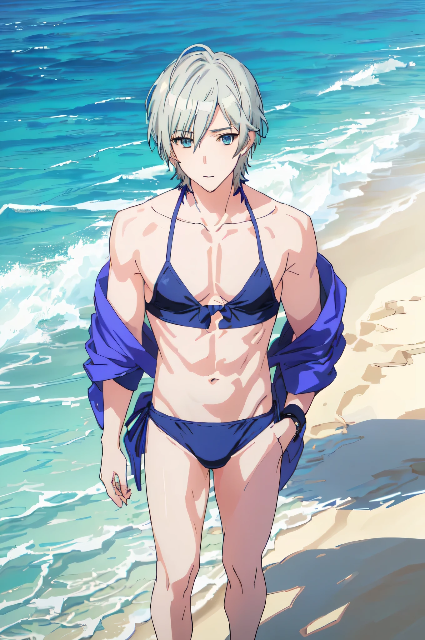 anime boy In bikini on the beach、masterpiece、highest quality、High resolution、Very detailed、Game Boy、solo、Short Hair、Silver Hair、Blue Eyes、Realistic Bikini、At the Beach、pale blue bikini、At the Beach、Enchanting anime boy、boy is a wearing a female bikini、At the Beach、Swimwear、in a triangle bikini、On pixiv、triangle type bikini、Bikini、Smooth anime CG art、bikini top with an pale blue、bikini bottom with an pale blue、Attractive anime boy、standing At the Beach、In bikini、Sunny At the Beach、looking at viewer、Cowboy Shot、(male body:1.3)、