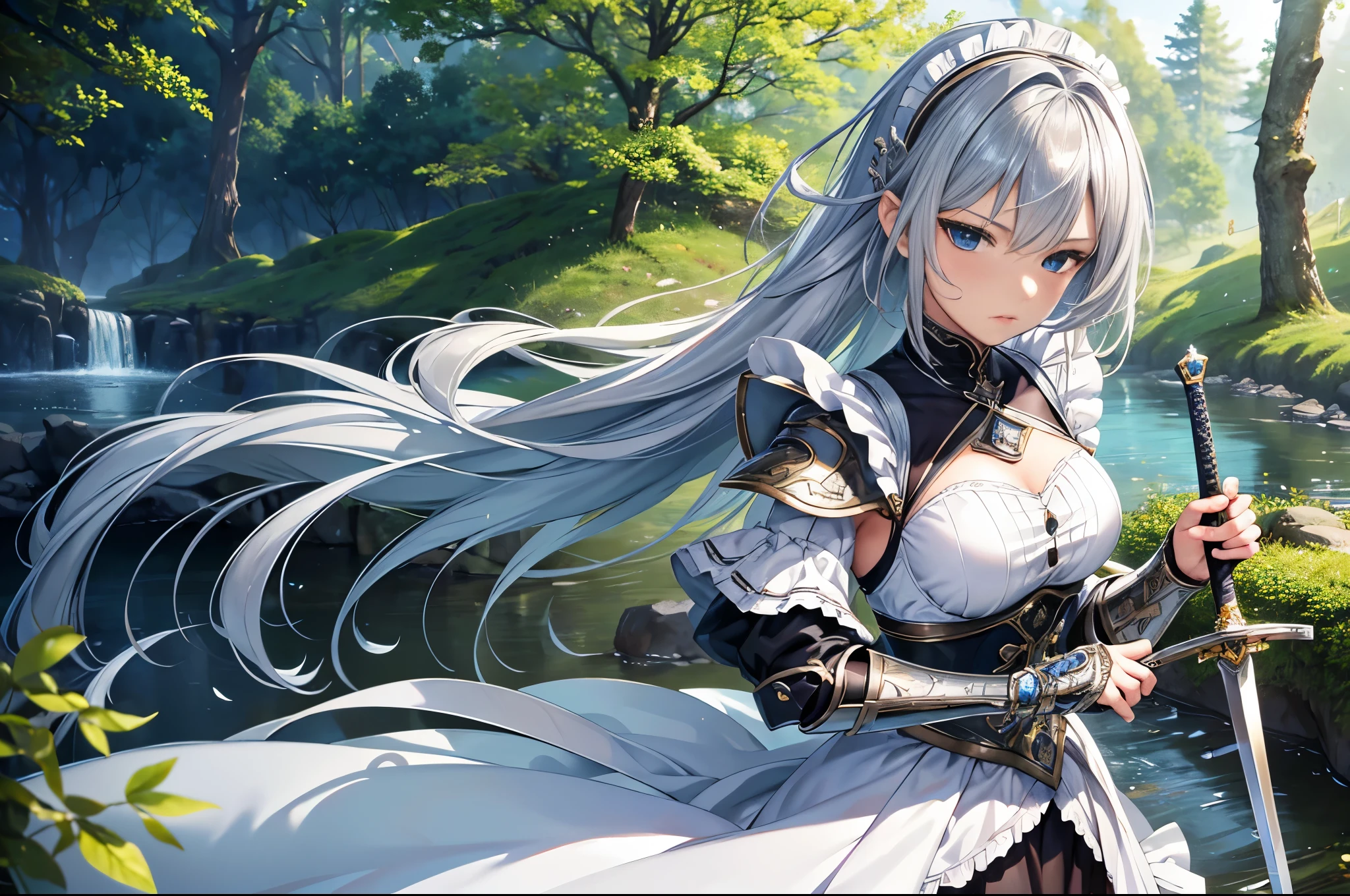 masterpiece, best quality, 8k, ultra-detailed, official artwork, Battle Maid, maid outfit, young beautiful woman, solo, mature face, flawless facial features, glowing skin, shiny eyes, grey eyes, long silver hair, light blue hair accessory, extremely detailed eyes, hyperrealistic eyes, daytime, forest background, green foliage, river, wooden bridge, aesthetic, upper body, Chrome Silver Wrist Armor, holding a sword in beautiful sword zodiac, Symmetrical clothes, flawless clothes, detailed clothes, detailed swords, flawless swords, High Detailed Pattern Wrist Armor, detailed background, bokeh, depth of field, layer cut, perfect CG, CG unity