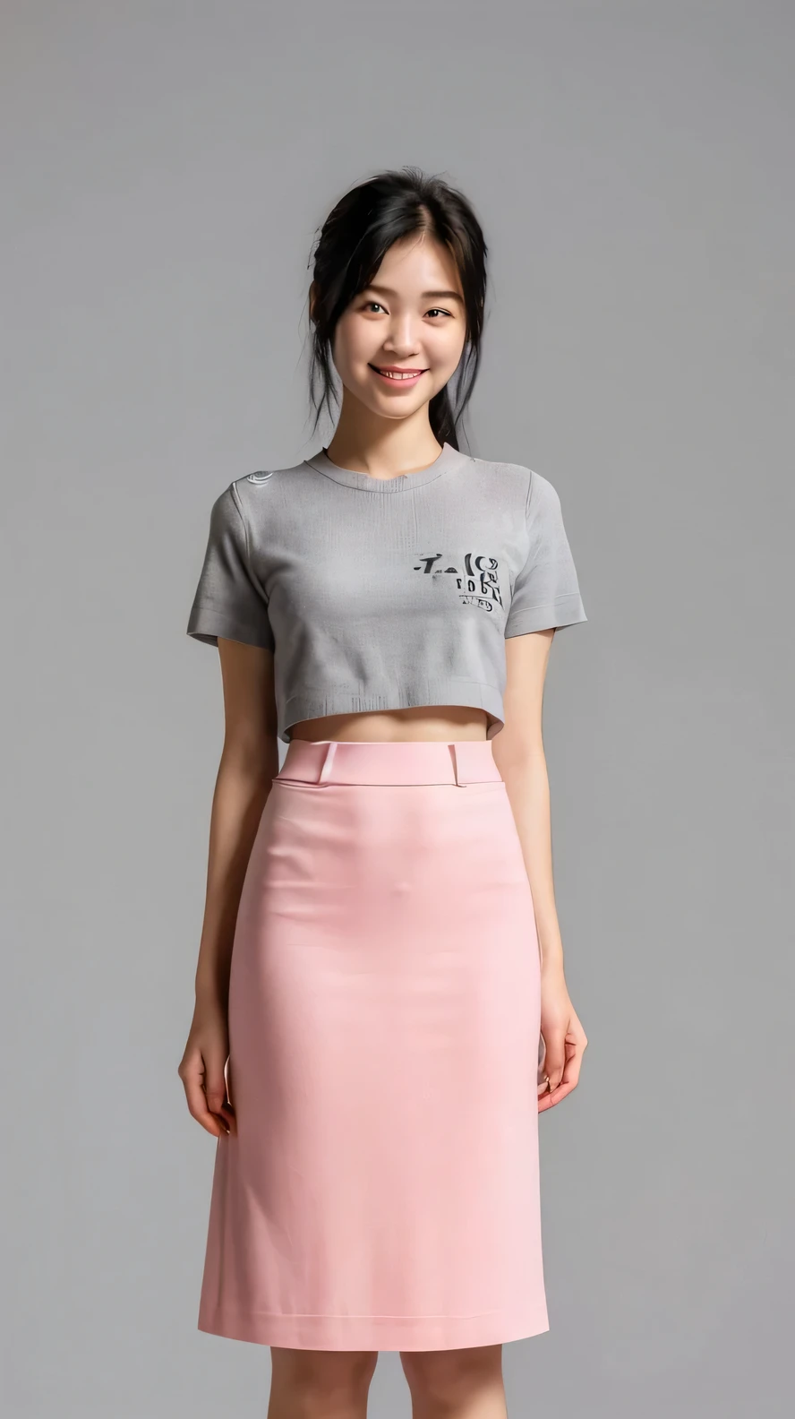 (super highest quality、In 8K、Masseter muscle part、nice illustration、Full body) ,She is wearing a pink knitted suit, wearing a 70cm skirt, nothing exposed、18 year old Korean girl beautiful and charming woman、slim body, hands holding his waist, black hair, faintly standing straight and smiling faintly looking forward.
The background is gray.
