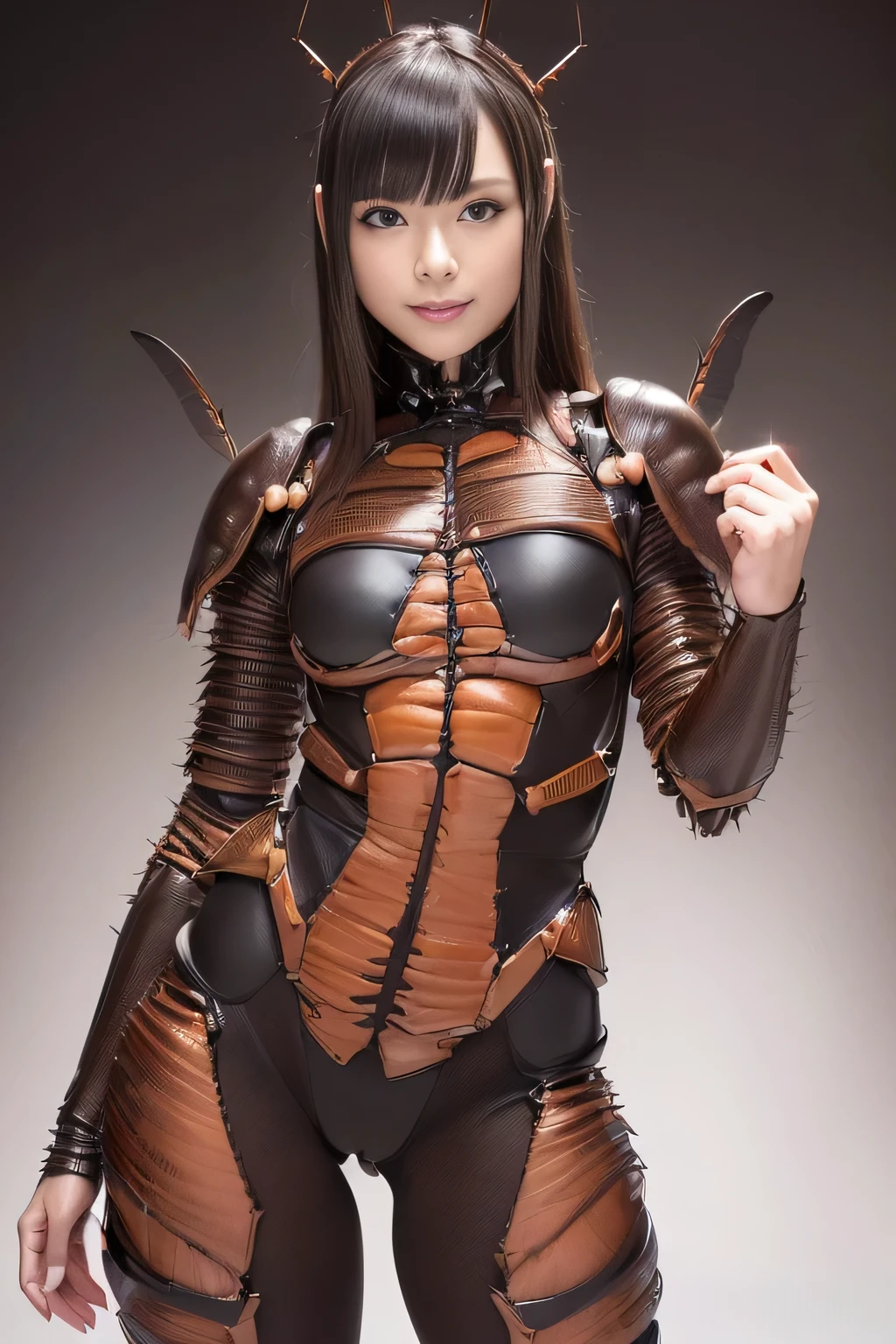 (high resolution,masterpiece,best quality,extremely detailed CG, anime, official art:1.4), realistic, photo, amazing fine details, all intricate, gloss and shiny,awesome many layers, 8k wall paper, 3d, sketch, kawaii, illustration,( solo:1.4), perfect female proportion,villainess, (fusion of dark brown cockroach and lady:1.4), (brown cockroach form lady:1.2), (brown cockroach lady:1.2), (fusion:1.2), (solo:1.4), (evil smile:1.2), muscular, abs, (cockroach brown exoskeleton bio insect suit:1.4), (cockroach brown exoskeleton bio insect armor:1.2), (brown transparency cockroach wing:1.4), (brown cockroach antennae:1.3),