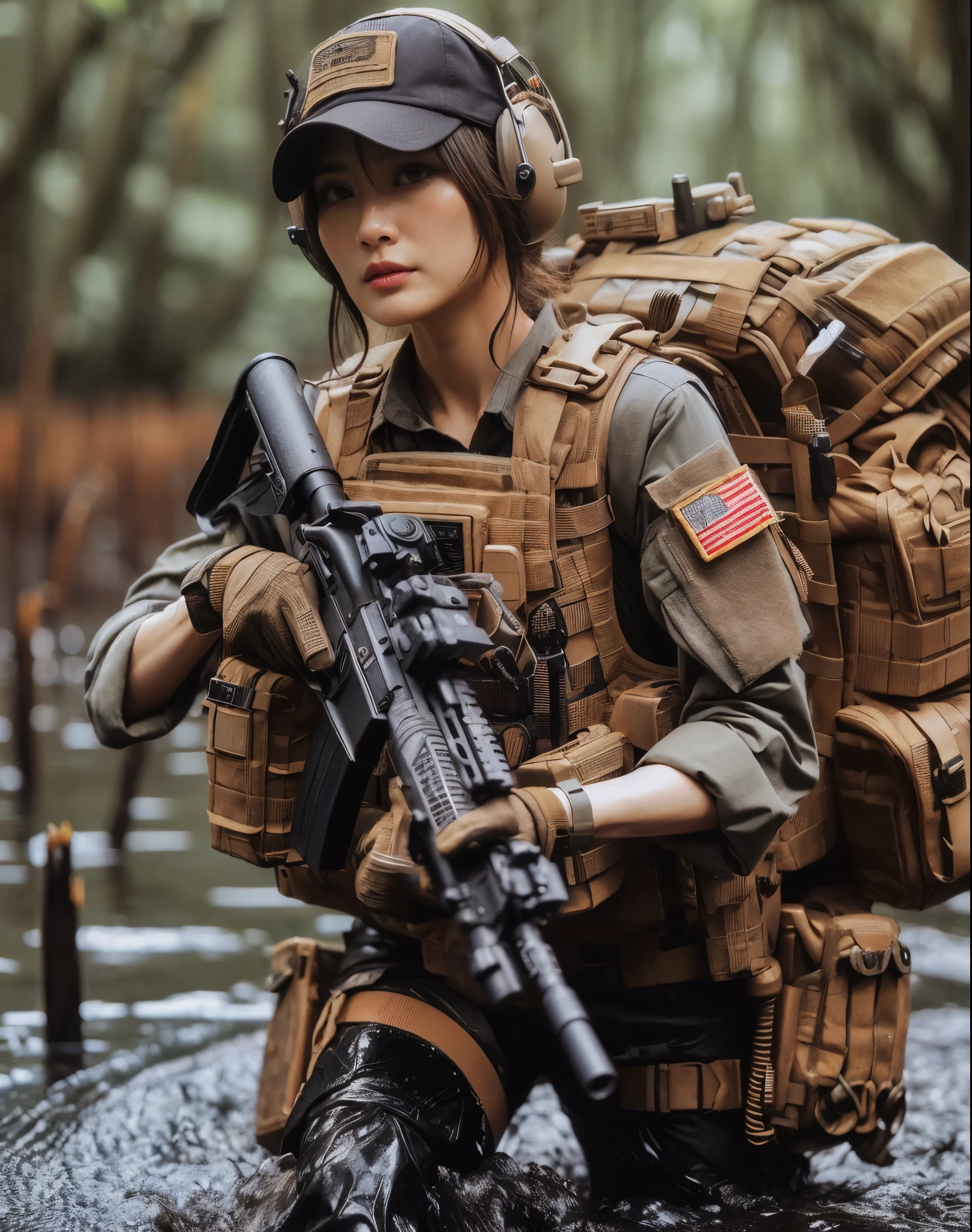 8k,Realistic Skin Texture、Superrealism、Realistic Photo、Japanese Women in the U.S. Army、Bulletproof vest、、Navigate the swamp as a team、Confused expression、backpack、cap、Heavy equipment、Dynamic action pose、、A groundbreaking composition、Sweaty