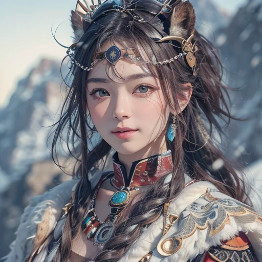 Hiding in the snowy mountains、Hair flow、 ((highest quality、masterpiece、8k、Best image quality、Ultra-high resolution、Award-winning works)、(Accurate anatomy:1.1)、(Look at me and smile:1.1)、Shining fair skin with Ultra-high resolution、The most detailed face、Ultra-high resolution detailed face、Ultra-high resolutionの髪の毛、(Ultra-high resolutionの煌めく瞳:1.1)、Beautiful face drawn in every detail、(Blurred Background:1.1)、Ancient Inuit clothing, Chest to chest, tattoo, Old ruins in the background、Apart from the real giant eagle