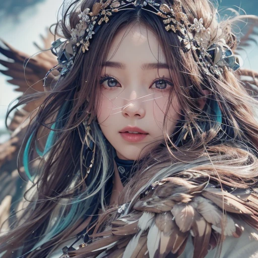 Hiding in the snowy mountains、Hair flow、 ((highest quality、masterpiece、8k、Best image quality、Ultra-high resolution、Award-winning works)、(Accurate anatomy:1.1)、(Look at me and smile:1.1)、Shining fair skin with Ultra-high resolution、The most detailed face、Ultra-high resolution detailed face、Ultra-high resolutionの髪の毛、(Ultra-high resolutionの煌めく瞳:1.1)、Beautiful face drawn in every detail、(Blurred Background:1.1)、Ancient Inuit clothing, Chest to chest, tattoo, Old ruins in the background、Apart from the real giant eagle