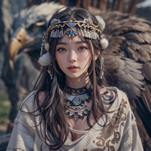 Hiding in the snowy mountains、Hair flow、 ((highest quality、masterpiece、8k、Best image quality、Ultra-high resolution、Award-winning works)、(Accurate anatomy:1.1)、(Look at me and smile:1.1)、Shining fair skin with Ultra-high resolution、The most detailed face、Ultra-high resolution detailed face、Ultra-high resolutionの髪の毛、(Ultra-high resolutionの煌めく瞳:1.1)、Beautiful face drawn in every detail、(Blurred Background:1.1)、Ancient Inuit clothing, Chest to chest, tattoo, Old ruins in the background、Apart from the real giant eagle
