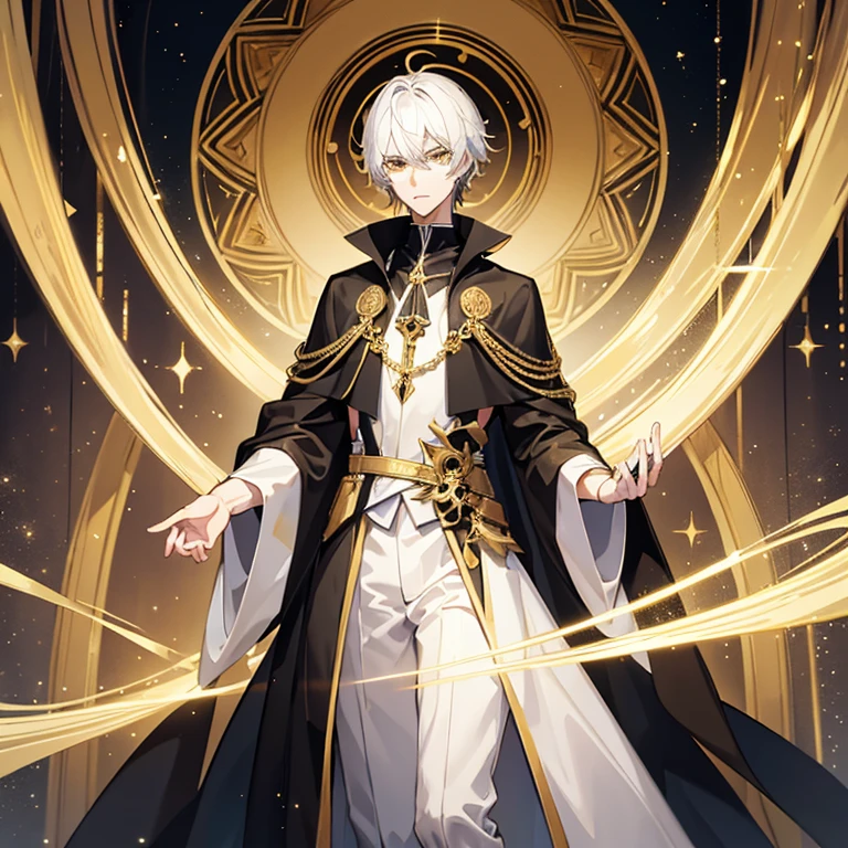 Tall handsome young man, slim build, pale complexion, golden eyes, short white hair, serious expression, dressed in black robes with gold and white details surrounded by gold holographic screens.