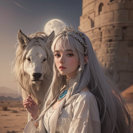 (highest quality、masterpiece、8k、Best image quality、Ultra-high resolution、Award-winning works)、A beautiful white-haired woman watches us from afar in the desert, Where light shines from the moon.、Ancient Islamic clothing、Beautiful face drawn in every detail, There's a real wolf next to her
