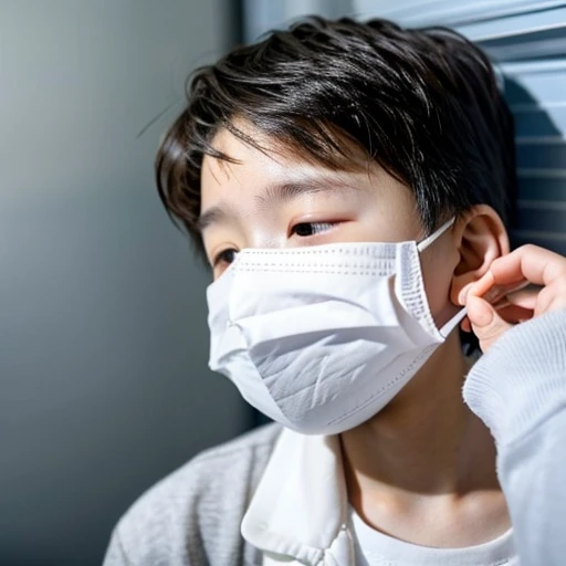 Handsome kindergarten boy with infectious disease、Appearance of suffering. He is wearing a white mask. He has a high fever. he is sleeping. He has a cough. He is exhausted. He is taking his temperature with a thermometer. He is dying. He is cooling his forehead with a cooling gel sheet..