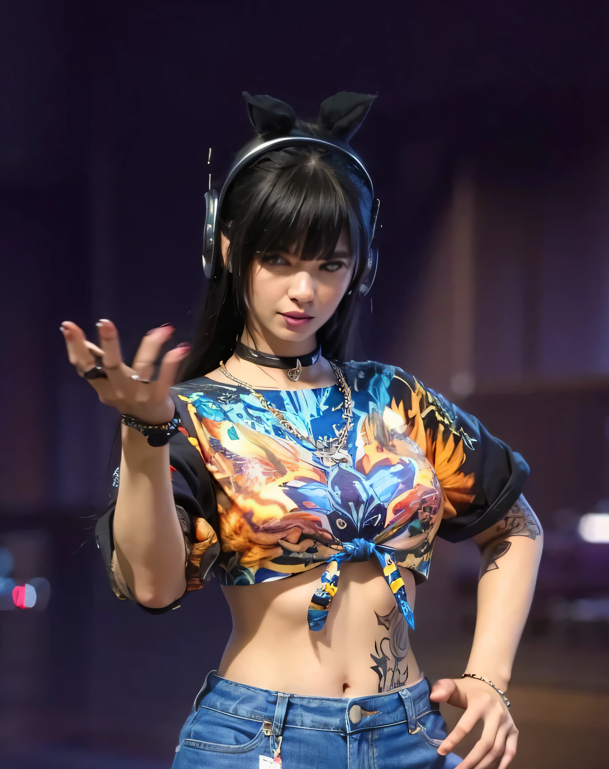 cute woman in a crop top and jeans with a cat ear, realistic