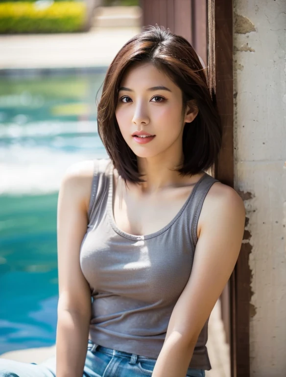 arafed Asian woman in a gray tank top posing for a picture, Asian Girl, Short hair, beautiful Asian Girl, an Asian woman, a young Asian woman, Korean Girls, young Asian Girl, Wearing a tank top, 27 years old, Lovely lady, Asian woman, 28 years old, Asian Woman, Korean women, ローカットのWearing a tank top