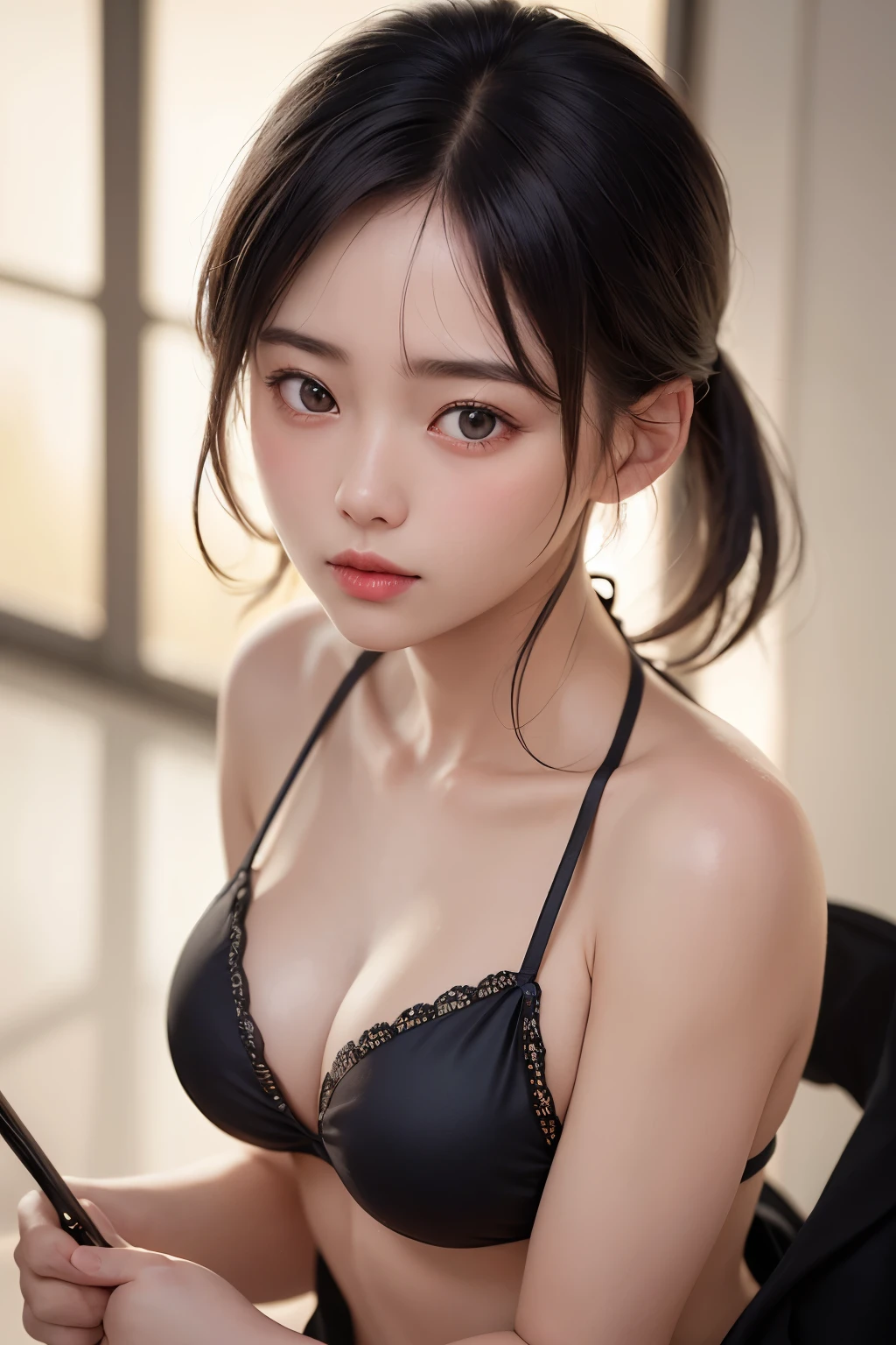 (1 nogizaka girl,raw photo,photo realistic:1.5),(best quality, high quality,HDR, highest quality,ultra high resolution,high resolution,high res,ultra high difinition,huge file size,8K,2K wallpaper,8K wallpaper,high quality texture,amazing,an extremely delicate:1.4),one girl, Japanese famous idol,beautiful face,small face,absurd,ridiculous,incredibly ridiculous,portrait,breasts close up,blurry background,(bikini,maid,cleavage,no makeup:1.2),medium skin,beautiful skin,detailed skin,small head,black hair,silky hair,(Japanese eyes:1.3),detailed eyes,black eyes,Japanese idol eyes,Japanese nose,5-fingers,(Light Particles, Lens Flare, Luminous Particles: 0.7),looking at viewer,bright lighting,professional lighting,girl