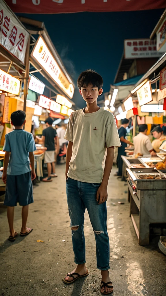 Indonesian  boy in worn and torn outfit standing and smoking in front of bustling night market, serious face, nighttime, 35mm lense, Top-Down Shot, Deep Focus cinematography effect, Natural Lighting, cool-toned color grading, high quality, ultra detail, 8k resolution,