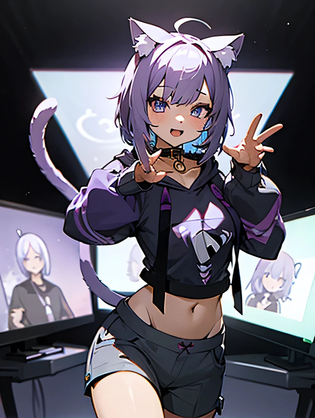 Create a character inspired by the given images. The character is an anime-style girl with cat ears and a tail, purple hair styled in a short bob with less volume and a rounder, softer form. She is wearing a white and purple hoodie, a collar around her neck, and asymmetrical shorts with one leg as shorts and the other as a longer pant leg. She has a playful and confident expression. The background should be a dark room with several computers and gaming setups. The character should be in a dynamic pose, possibly waving or making a cute gesture. The style should be colorful and vibrant, capturing the essence of anime art.