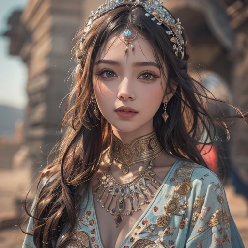 Hiding in the desert、Hair flow、 ((highest quality、masterpiece、8k、Best image quality、Ultra-high resolution、Award-winning works)、(Accurate anatomy:1.1)、(Look at me and smile:1.1)、Shining fair skin with Ultra-high resolution、The most detailed face、Ultra-high resolution detailed face、Ultra-high resolution hair、(Ultra-high resolutionのeyes :1.1)、Beautiful face drawn in every detail、(Blurred Background:1.1)、Ancient Islamic clothing, Chest to chest, tattoo, Old ruins in the background、Decorated elephant