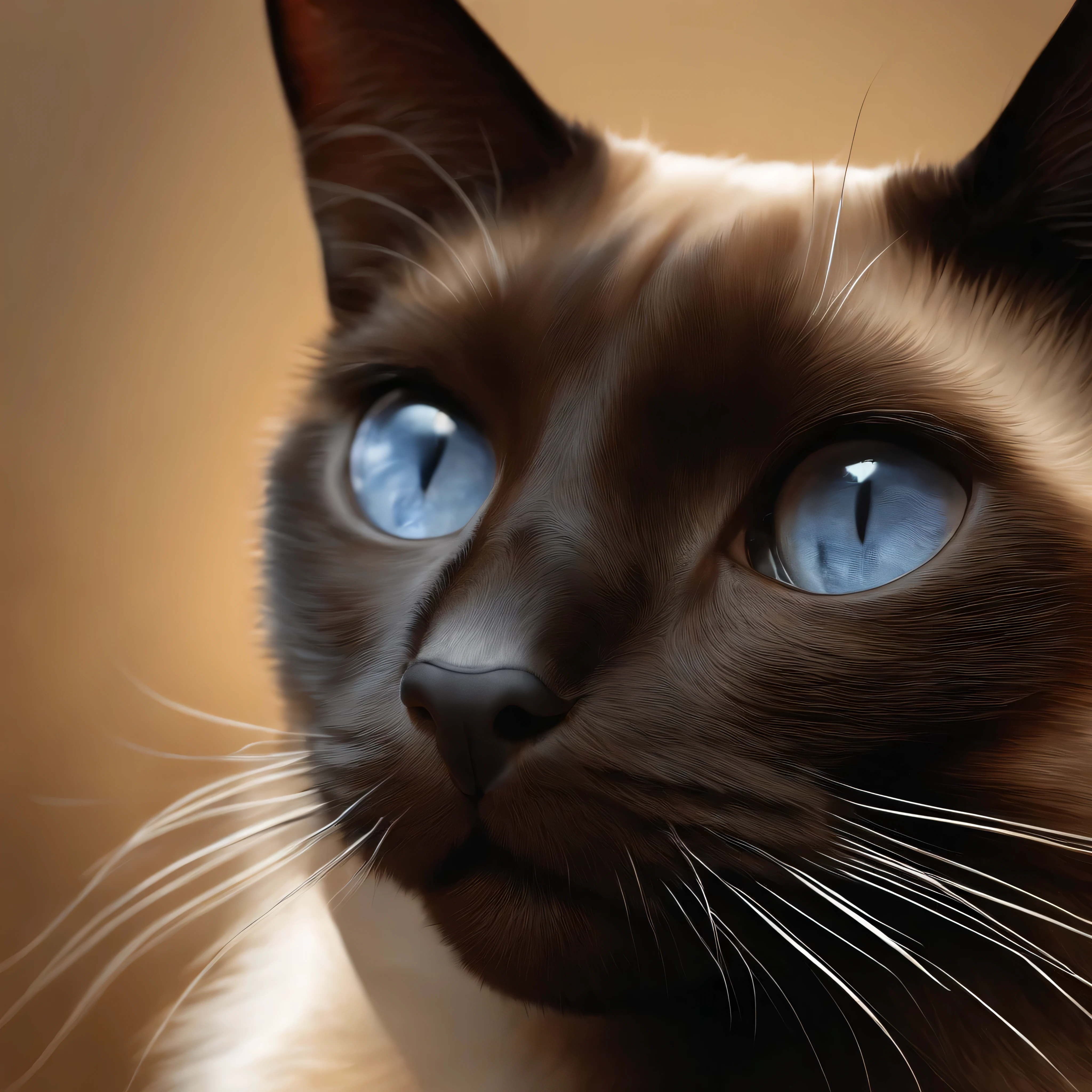 A Siamese cat , Illustration of 1 Siamese cat strokes brown with beige, olhos azul-acinzentados, Ultra-realistic illustrations, Ultra-realistic illustrations, hypperrealistic illustration, Um gato. Pintura realista, autor:Wayne Inglaterra, realistic illustration, Ultra-realistic illustrations, retrato, Fechar retrato, Surrealismo premiado, autor:Lisa Mirroy, Directed by: Galen Dara