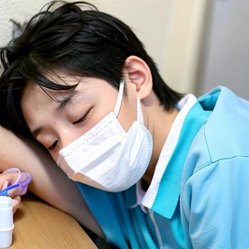 Handsome kindergarten boy with infectious disease、Appearance of suffering. He is wearing a white mask. He has a high fever. he is sleeping. He has a cough. He is exhausted. He is taking his temperature with a thermometer. He is dying. He is cooling his forehead with a cooling gel sheet..
