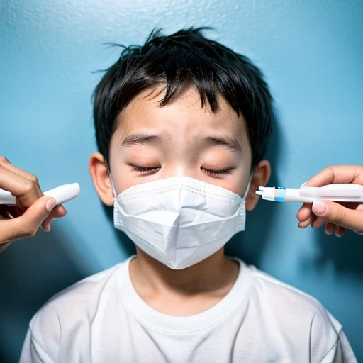 Handsome kindergarten boy with infectious disease、Appearance of suffering. He is wearing a white mask. He has a high fever. he is sleeping. He has a cough. He is exhausted. He is taking his temperature with a thermometer. He is dying. He is cooling his forehead with a cooling gel sheet..