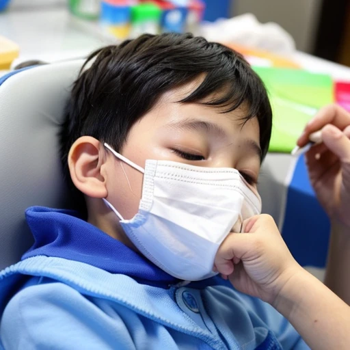 Handsome kindergarten boy with infectious disease、Appearance of suffering. He is wearing a white mask. He has a high fever. he is sleeping. He has a cough. He is exhausted. He is taking his temperature with a thermometer. He is dying. He is cooling his forehead with a cooling gel sheet..