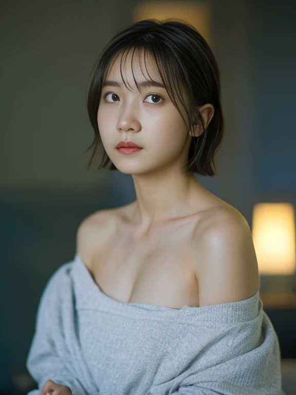 highest quality, masterpiece, Ultra-high resolution, (Realistic:1.5), RAW Photos, One girl, Off the shoulder, In the Dark, Deep Shadow, Modest, Cold Light, Sexy Looks, short hair