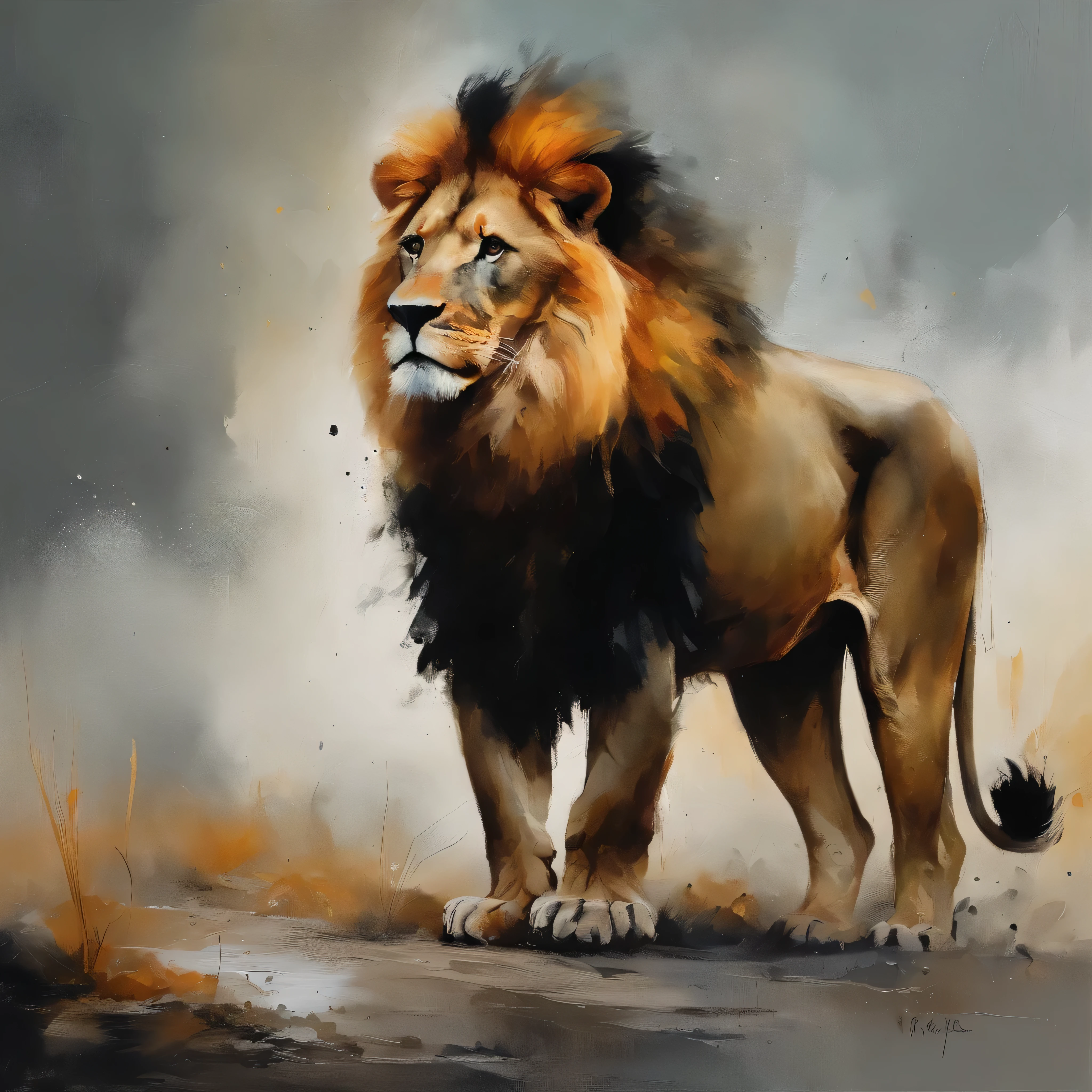 A seated lion, Uma sombra em Forma de andador, noite estrelada, Thick fog on the ground, Luz azul no horizonte, Motor Unreal 5, cinemactic, Low-angle photography, motion blur, profundidade de campo, dust, Cobblestones and dirt. Arte Splash, pingando tinta. Perfect color classification. influenciado por karel Appel e jeremy mann, Full of dramatic and threatening scenes, hiper-detalhado, Beautiful, detalhes insanos, detalhes intrincados, fotografia editorial, Fotografado com uma lente de 50mm, profundidade de campo, Tilt Blur, velocidade do obturador 1/1000, F/22. Mapas de luz, super brilhante
