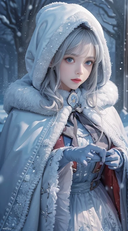 Realistic, High resolution, 1. woman, alone, (Lolita Costume)，Gorgeous costumes，To the audience，Upper Body，thigh， Beautiful Eyes, Gray Hair, The eyes are round, (outside，Heavy snowfall，Cape，Snow covered)，Snowfield，blue eyes，Top quality illustrations，A meticulous face