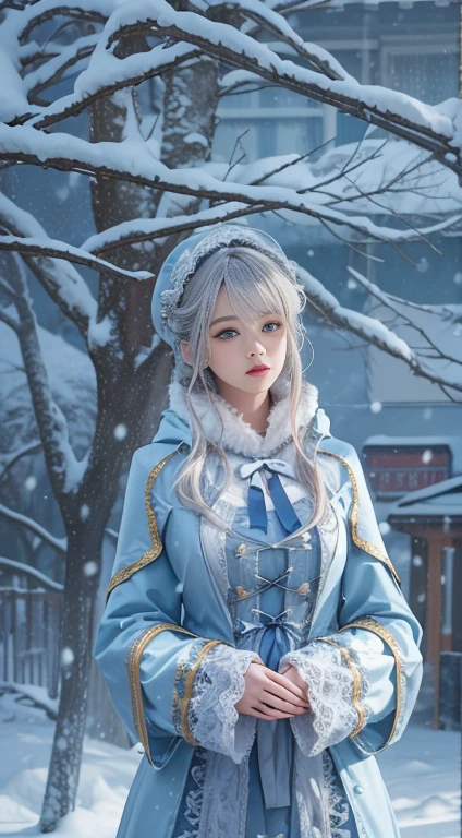 Realistic, High resolution, 1. woman, alone, (Lolita Costume)，Gorgeous costumes，To the audience，Upper Body，thigh， Beautiful Eyes, Gray Hair, The eyes are round, (outside，Heavy snowfall，Cape，Snow covered)，Snowfield，blue eyes，Top quality illustrations，A meticulous face