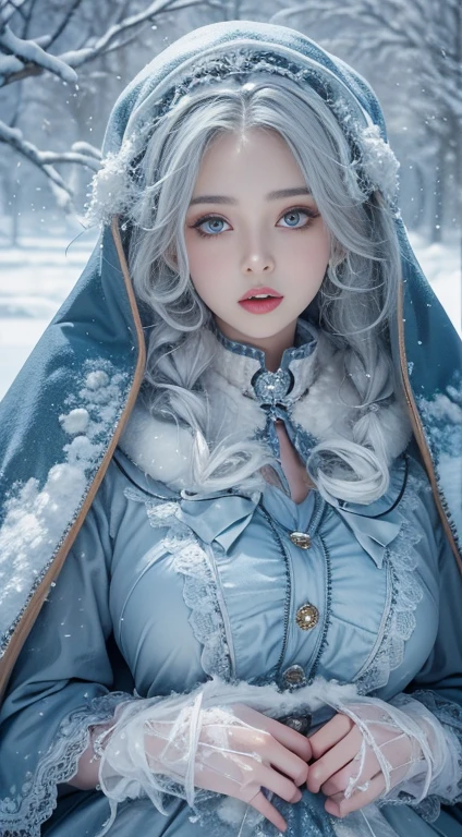 Realistic, High resolution, 1. woman, alone, (ta Costume),Gorgeous costumes,To the audience,Upper Body,thigh, Beautiful Eyes, Gray Hair, The eyes are round, (outside,Heavy snowfall,Cape,Snow covered),Snowfield,blue eyes,Top quality illustrations,A meticulous face