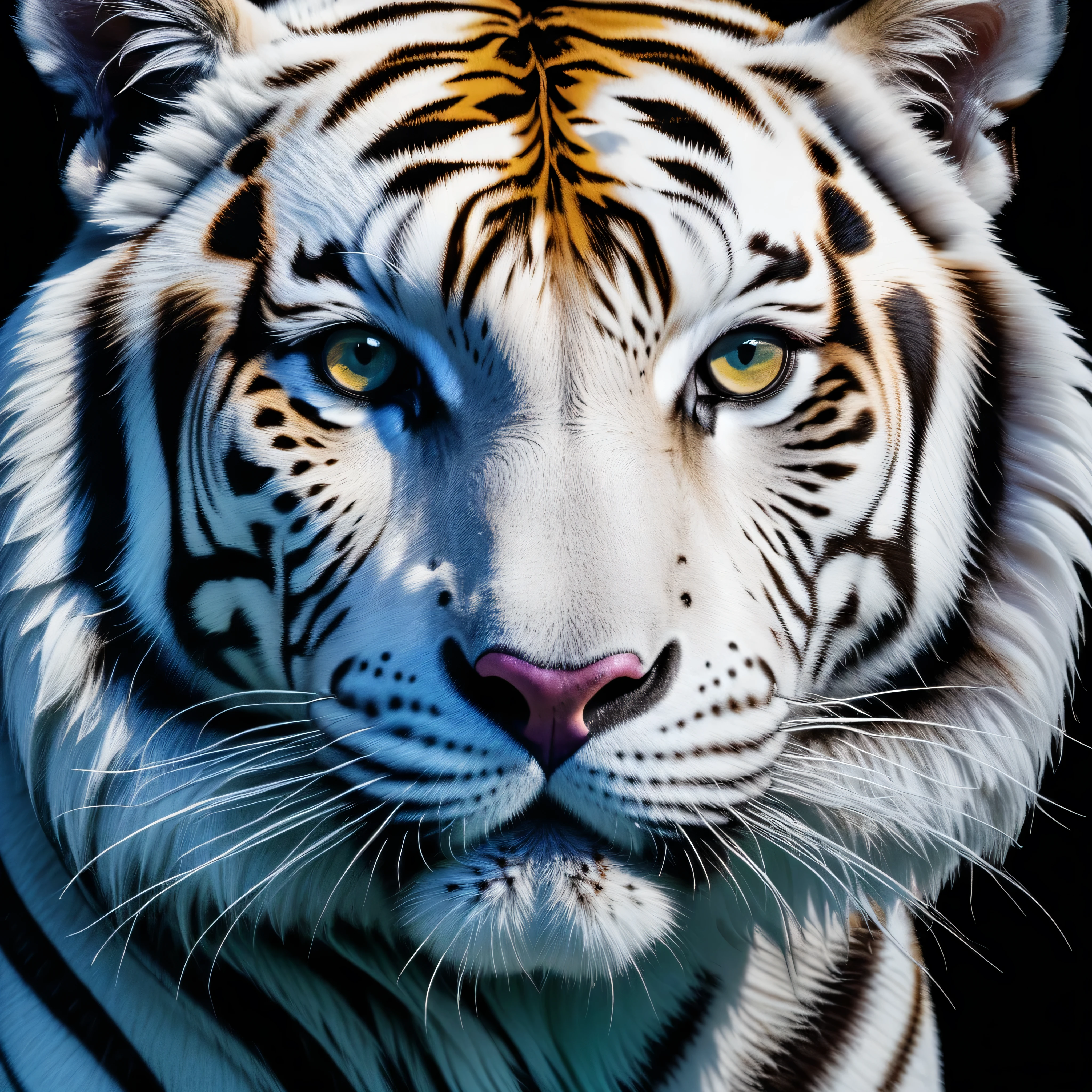 Colored ink poured on canvas, Form White tiger face. photore, Studio lighting, Sony A7, 35mm, hyper realisitc, Large depth of field, concept-art, colours, the ultra-detailed, hyper realisitc, (Large depth of field), (Moody light), (ambient light), ((Cinematic))
