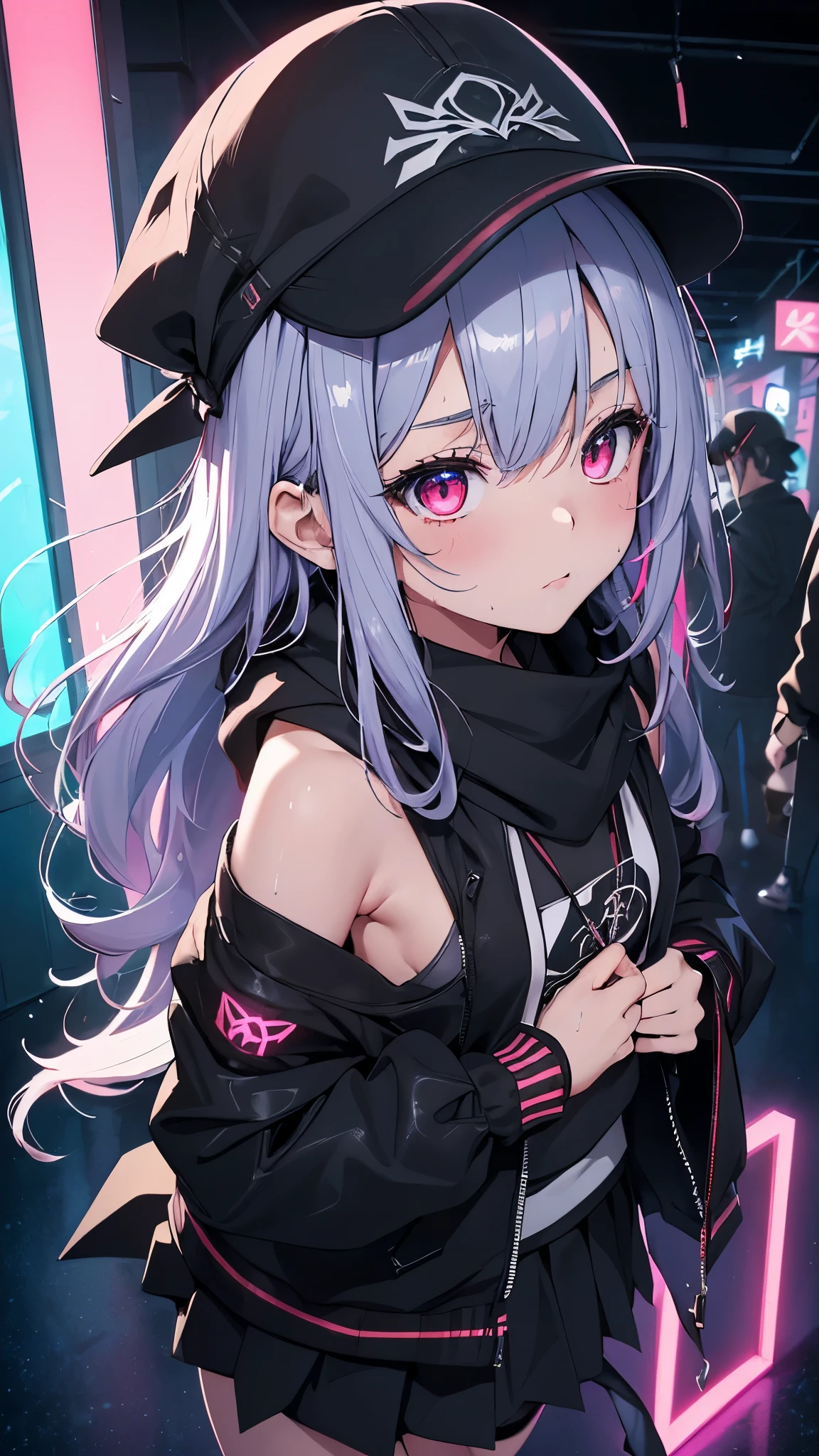 最high quality、Best image quality、masterpiece、girl((18-year-old、 By becoming、Best Bust、Medium Bust,Wide open breast tea、Red glowing eyes,Silver Hair、Disheveled Hair、Long Hair、thin,The highest valley、Open chest、Luminous Wristbands、hat、hair ornaments、luminous necklace、Black sleeveless hoodie(1:2)、Blue short skirt、Disheveled clothing、Show the whole body,Low - Angle、Hacker-like、sweating、lure、Black cute mask、Leaning against a wall、Black scarf、Have a smartphone、Back view、Accentuate your butt、On all fours)),high quality、Beautiful art、background((Neon Light、Neon interior at night))、Flight、Flying debris、Written boundary depth、movie、Visual Arts、Perfect art、8K,Genuine,