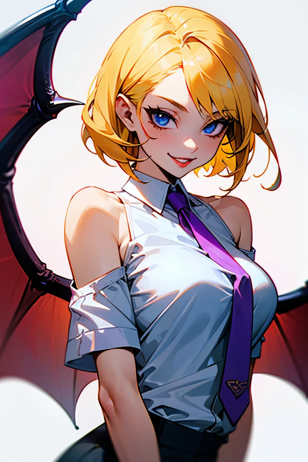 Girl, short yellow hair, blue eyes, red lips, vampire teeth, purple dragon wings, pink tie, white T-shirt, bare shoulders, big breasts, evil smile