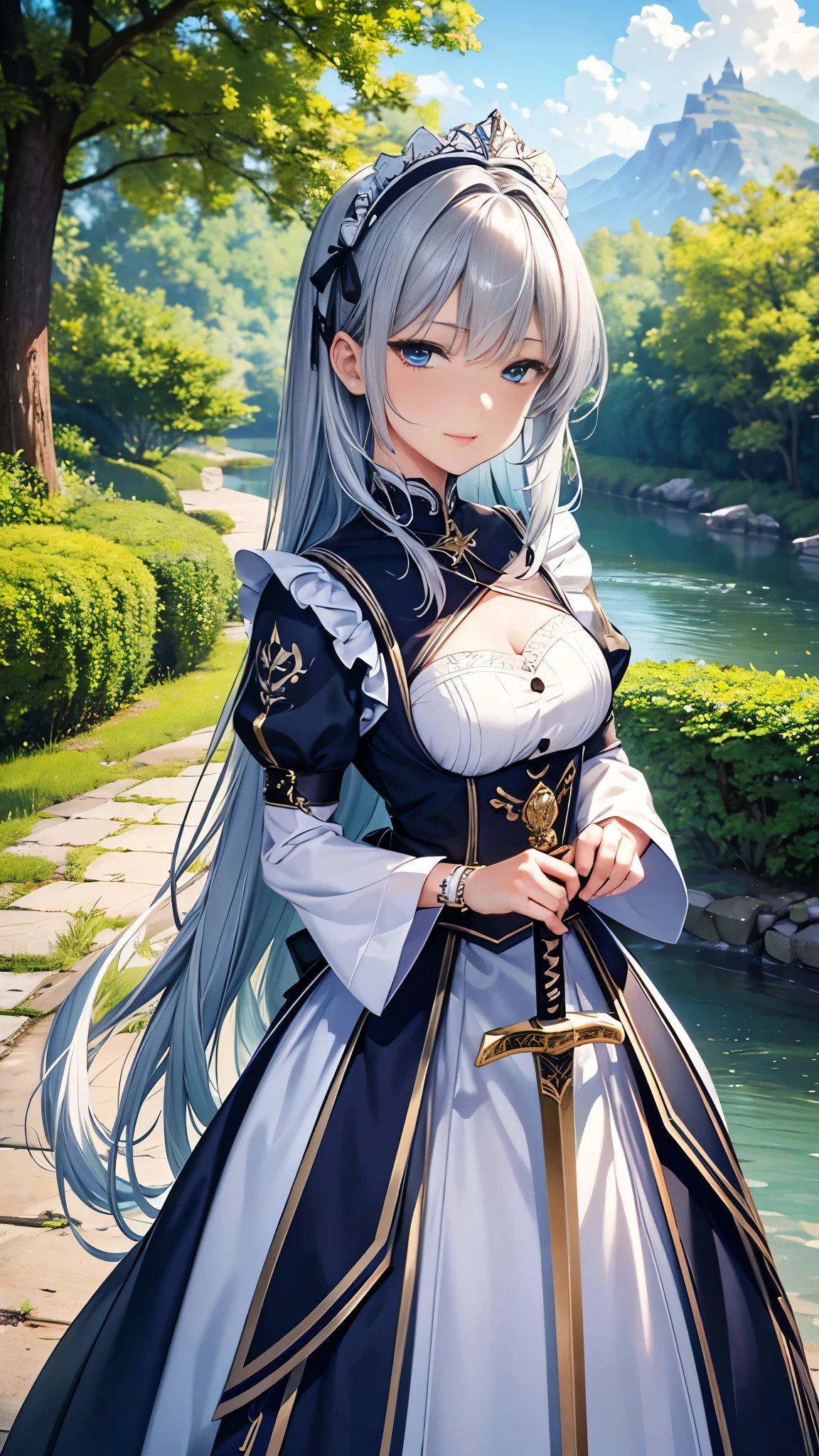 masterpiece, best quality, 8k, ultra-detailed, official artwork, Battle Maid, maid outfit, young beautiful woman, solo, mature face, flawless facial features, glowing skin, shiny eyes, grey eyes, long silver hair, light blue hair accessory, extremely detailed eyes, hyperrealistic eyes, daytime, forest background, green foliage, river, wooden bridge, aesthetic, upper body, Chrome Silver Wrist Armor, holding a sword in beautiful sword zodiac, Symmetrical clothes, flawless clothes, detailed clothes, detailed swords, flawless swords, High Detailed Pattern Wrist Armor, detailed background, bokeh, depth of field, layer cut, perfect CG, CG unity