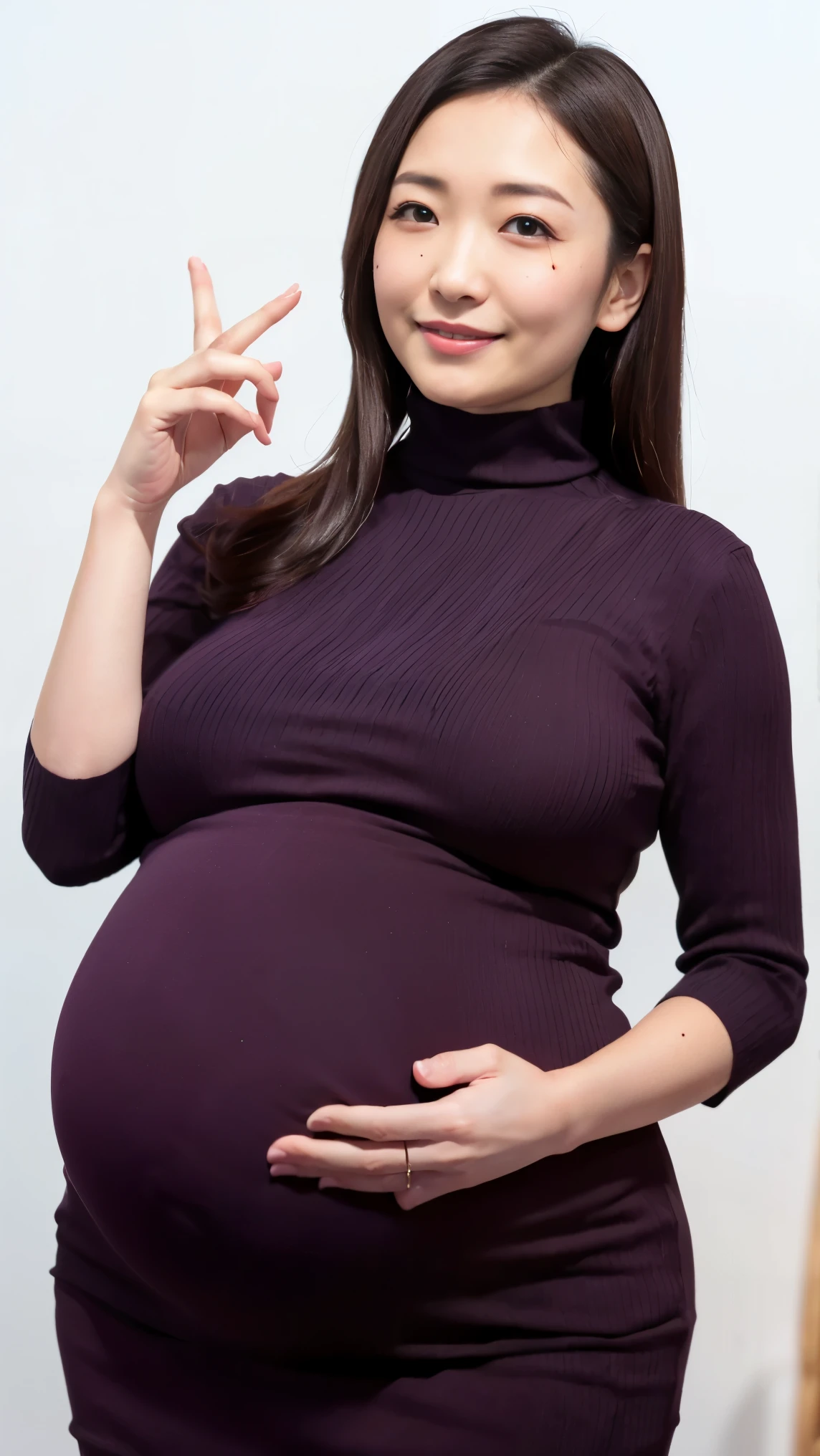 Japanese woman wearing a black turtleneck sweater、 (((masterpiece))), ((highest quality)), ((intricate details)), (((Ultra-realistic)), absurd solution, near and far law, very detailed, realistic, 1 girl, ((pregnant)), ((big breasts)), perfect hands, finger details, beautiful and detailed eyes, long hair, brown eyes,(turtleneck:1.2), Tight Skirt, detailed background, choker, perfect eyes, enchanting eyes, look at the audience, from the front、laughter、mole around the mouth、knit dress