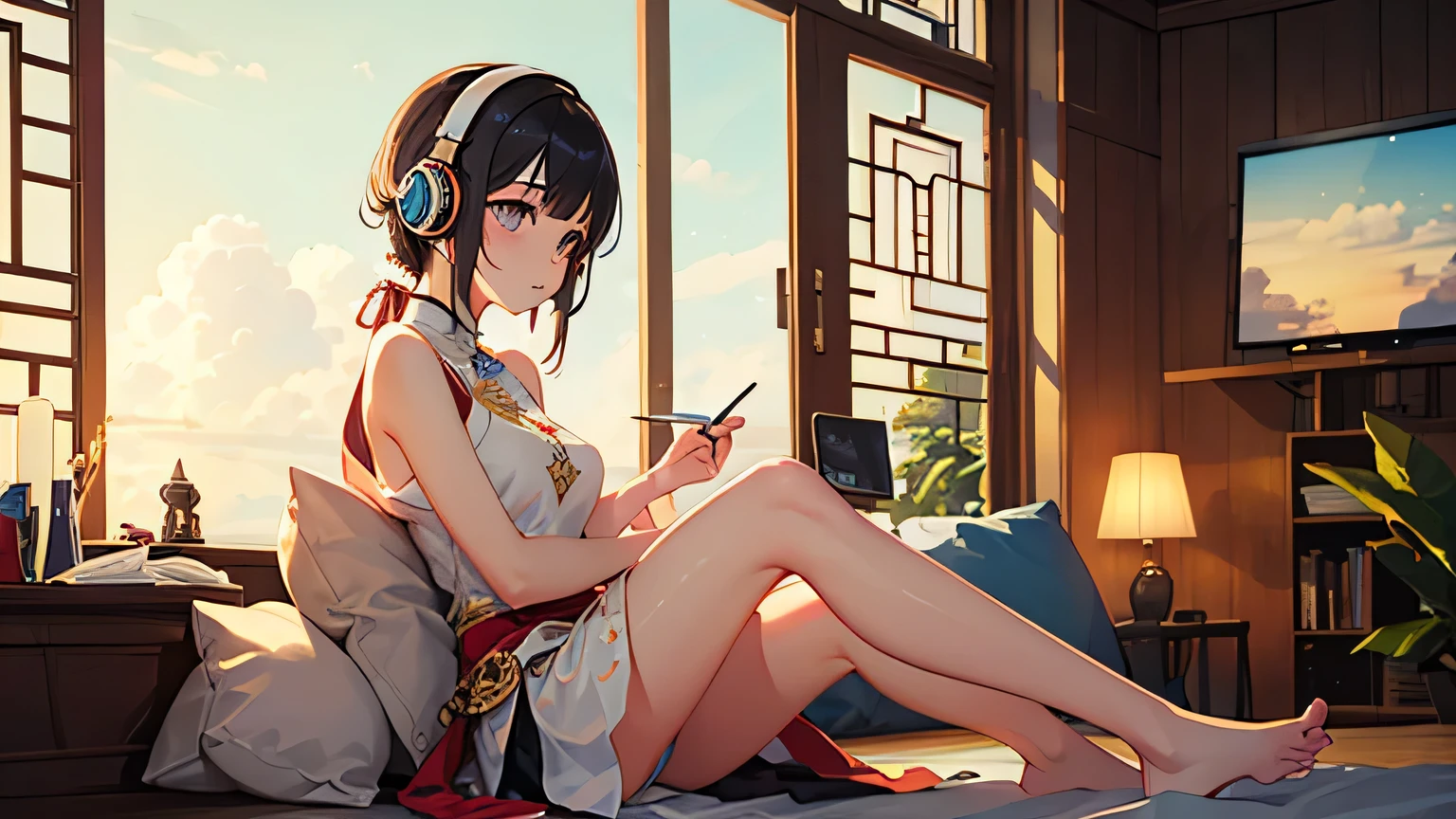 (masterpiece, highest quality: 1.2), summer、Atmosphere in Bali、Girl listening to music in a room with Balinese furniture、Wearing Balinese costume、Use headphones、Anime-style 2D、Lo-Fi、Chill、A relaxed and comfortable atmosphere