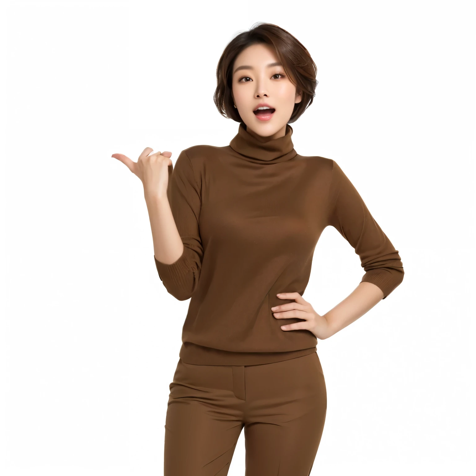 woman in Brown turtle neck sweater and Brown pants pointing at something, Brown shirt, Wearing a turtleneck sweater, Brown sweater, T-pose, T-pose, t posture, Neutral posture, Very energetic, 官方产品photo, photo, Lovely woman, Brown:-2, dramatic smirk pose, Brown clothes, Official product images, Brown pants, An Asian woman