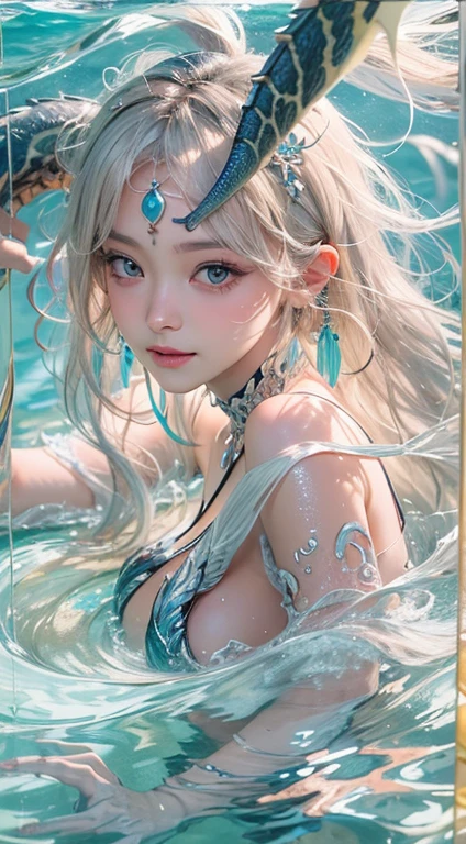 Low  Girl, 10 yagon Princess, Close-up face, （Highest quality real textured skin),(Abysmal),(Are you okay, round, Symmetrical eyes),Delicate facial features,(Burning bright cold eyes), She has beautiful tiger eyes, Very slim and slender body, naked, nude, (She has a mischievous smile),(Her face is kind and beautiful),Glass earrings in the ears,,(Blonde Hair),(Silvery white hair),(Chestnut Hair),(Swim at the bottom of the ocean)，(Full body portrait:1.5),(Dramatic Photos:1.4),(Dramatic Pose),(Flashy photos)(Look up),(Looking down),(Around her neck is a simple necklace made with exquisite craftsmanship.),Cluttered picture，(Hair flowing in the water:1.5),(In the water, Life at sea, 美しいCoral Reef, fish),(Background vortices and currents),(Dramatic Light),(Nice views),(Surrounded by beautiful dragons),遠くの背景にはCoral Reefに沈んだ寺院が見える,Coral Reef,Spectacular realism,Cinematic feel,(High-density image review:1.5),(Soft colors:1.2),Super detailed,Dramatic Light,(Intricate details:1.1),Complex background,
