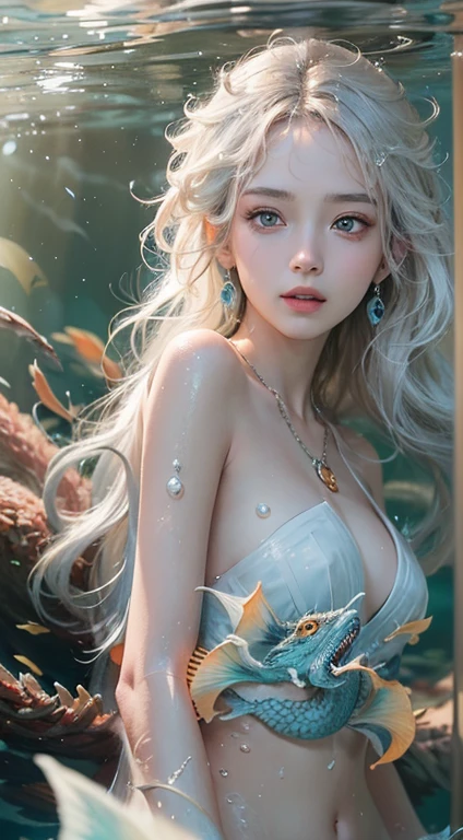 Low Teen Girl, 10 years old, Dragon Princess, Close-up face, (Highest quality real textured skin),(Abysmal),(Are you okay, round, Symmetrical eyes),Delicate facial features,(Burning bright cold eyes), She has beautiful tiger eyes, Very slim and slender body, naked, nude, (She has a mischievous smile),(Her face is kind and beautiful),Glass earrings in the ears,,(Blonde Hair),(Silvery white hair),(Chestnut Hair),(Swim at the bottom of the ocean),(Full body portrait:1.5),(Dramatic Photos:1.4),(Dramatic Pose),(Flashy photos)(Look up),(Looking down),(Around her neck is a simple necklace made with exquisite craftsmanship.),Cluttered picture,(Hair flowing in the water:1.5),(In the water, Life at sea, 美しいCoral Reef, fish),(Background vortices and currents),(Dramatic Light),(Nice views),(Surrounded by beautiful dragons),遠くの背景にはCoral Reefに沈んだ寺院が見える,Coral Reef,Spectacular realism,Cinematic feel,(High-density image review:1.5),(Soft colors:1.2),Super detailed,Dramatic Light,(Intricate details:1.1),Complex background,