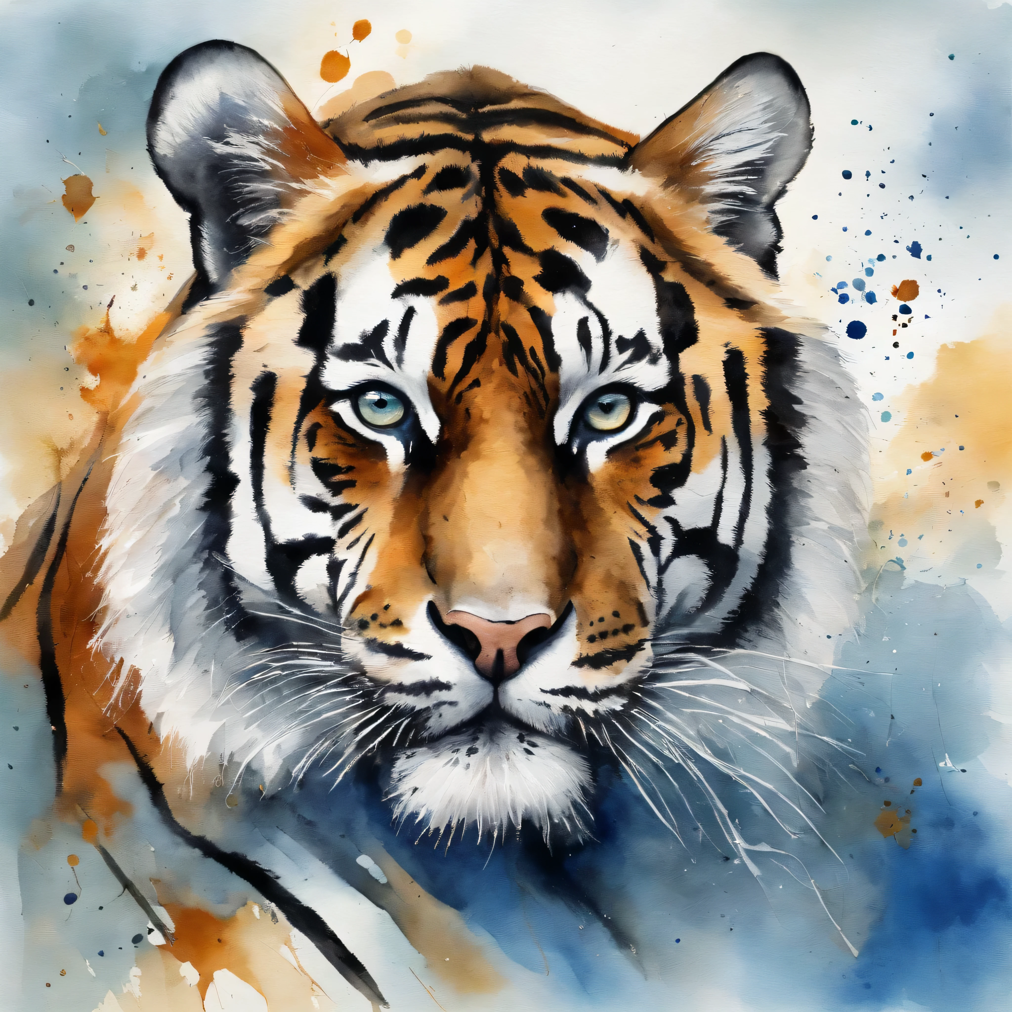 Create a realistic image of a Siberian tiger where its striking gaze is fixed straight ahead and its body blends into an abstract background with different shades of blue and the blue spots gently form an abstract butterfly