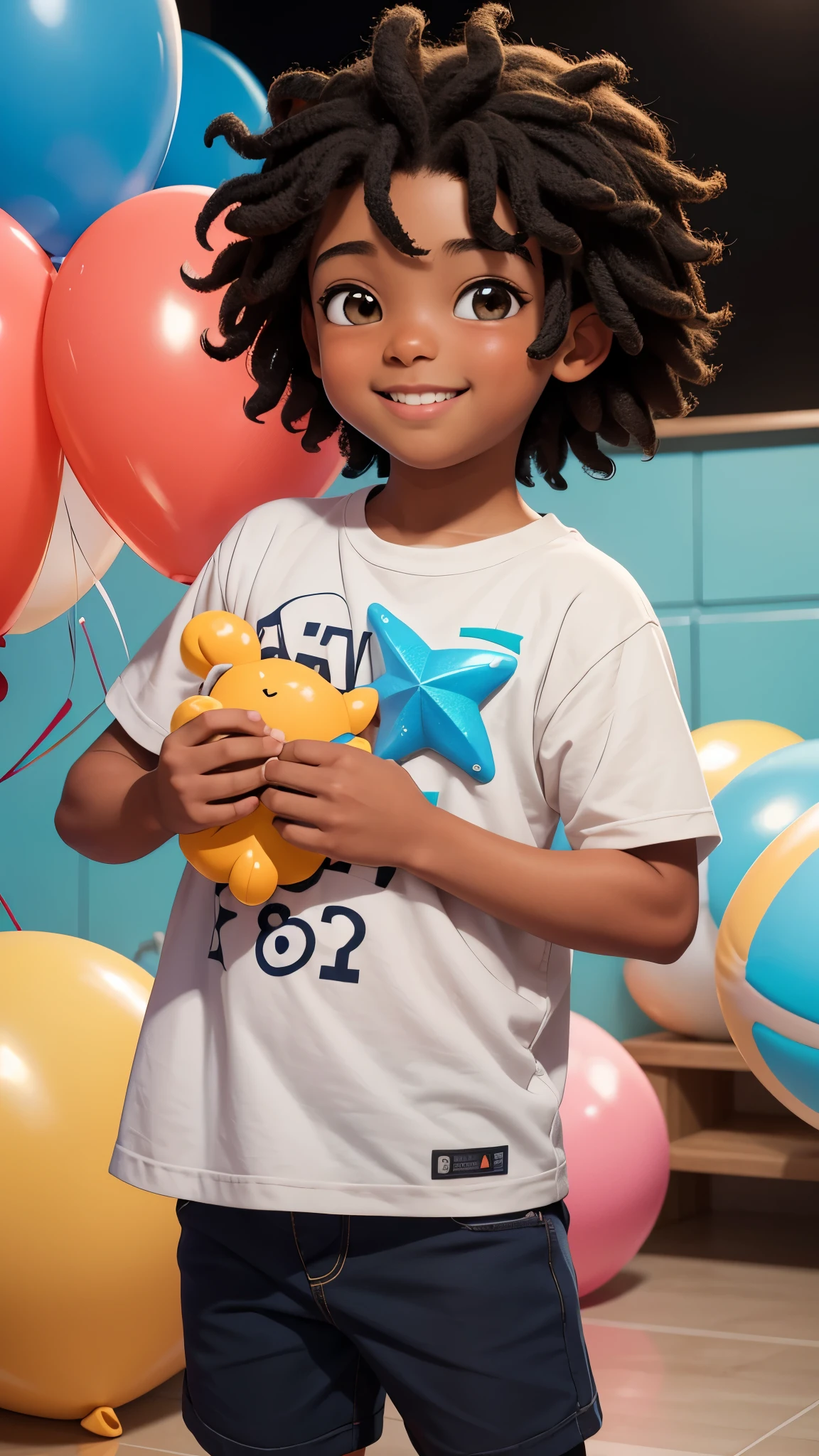 A boy holding starfish, many balloons, feliz, feliz, qualidade perfeita, foco claro (mess-house: 0.8), (obra-prima: 1.2) (Realista: 1.2) (Bokeh) (Melhor qualidade) (Pele detalhada: 1.3) (Detalhes intrincados) (8K) (Olhos de detalhe) (sharp focus), (Feliz), achos, afro encaracolado, cabelo curto escuro, sorrindo, curly middle part haircut, Young , menino africano de pele ESCURA, cabelos negros cacheados