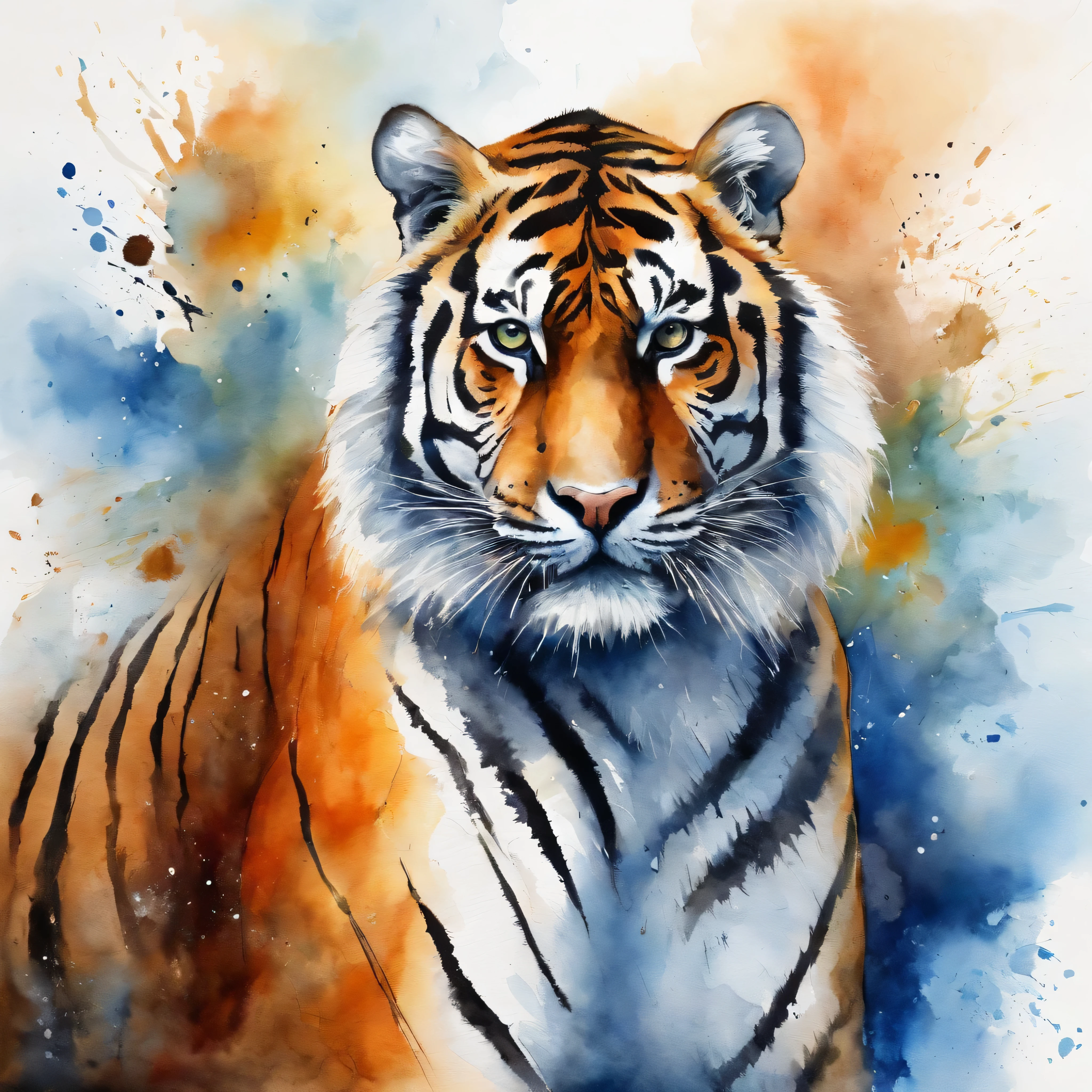 Create a realistic image of a Siberian tiger where its striking gaze is fixed straight ahead and its body blends into an abstract background with different shades of blue and the blue spots gently form an abstract butterfly