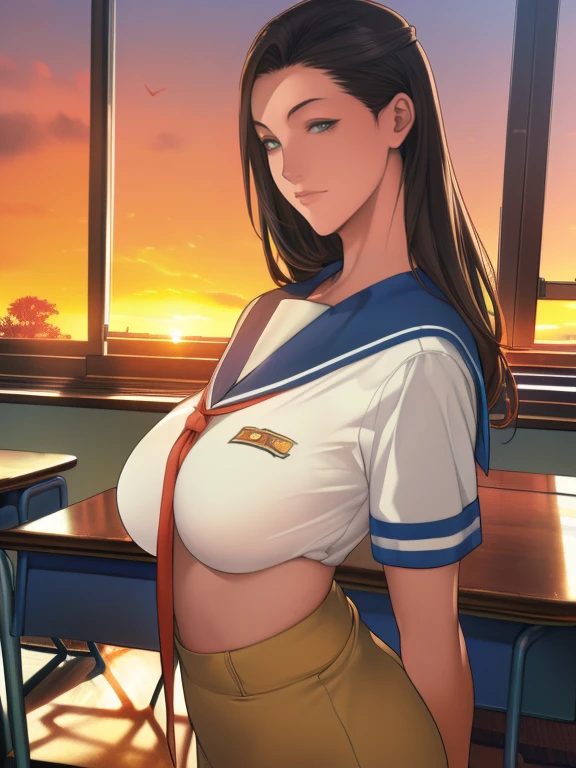 (8k,Photorealistic, masutepiece, Best Quality, Raw photo:1.3)、1girl in, 18years old,Solo,school girl, Long hair, Brown hair, Detailed beautiful face, alluring face, (Detailed beautiful brown eyes:1.2), medium breasts,(underboob:1.0),(coverd nipples:1.0),(loos sailer uniform :1.35), ( Perfect body skinny beauty: 1.4),( temptation Pose:1.3), (Looking at Viewer, front view,eyes focus:1.2), Detailed background, (sunset:1.2), classroom,fine detailed, intricate detailes, Ray tracing, depth of fields, seductive smile,classroom,