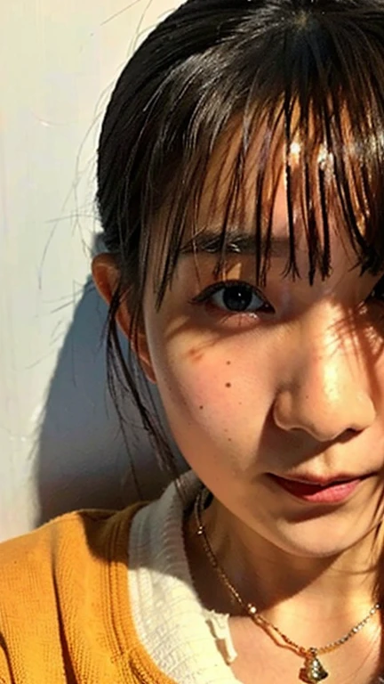 (highest quality, 8k, 32k, masterpiece, Ultra-high resolution:1.2),Beautiful Japanese Women Photos, Big Breasts, Very short bob hair,Upper Body,Face Focus,Extra Large_sweater, necklace, Simple Background, From above, View Viewer,